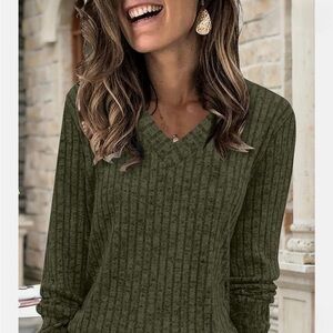 Olive Green V-Neck Ribbed Women's Top